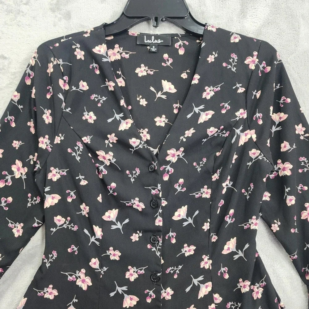Lulus Dress Womens S Black Floral Button Front Belted Fit & Flare Mini Ruffled